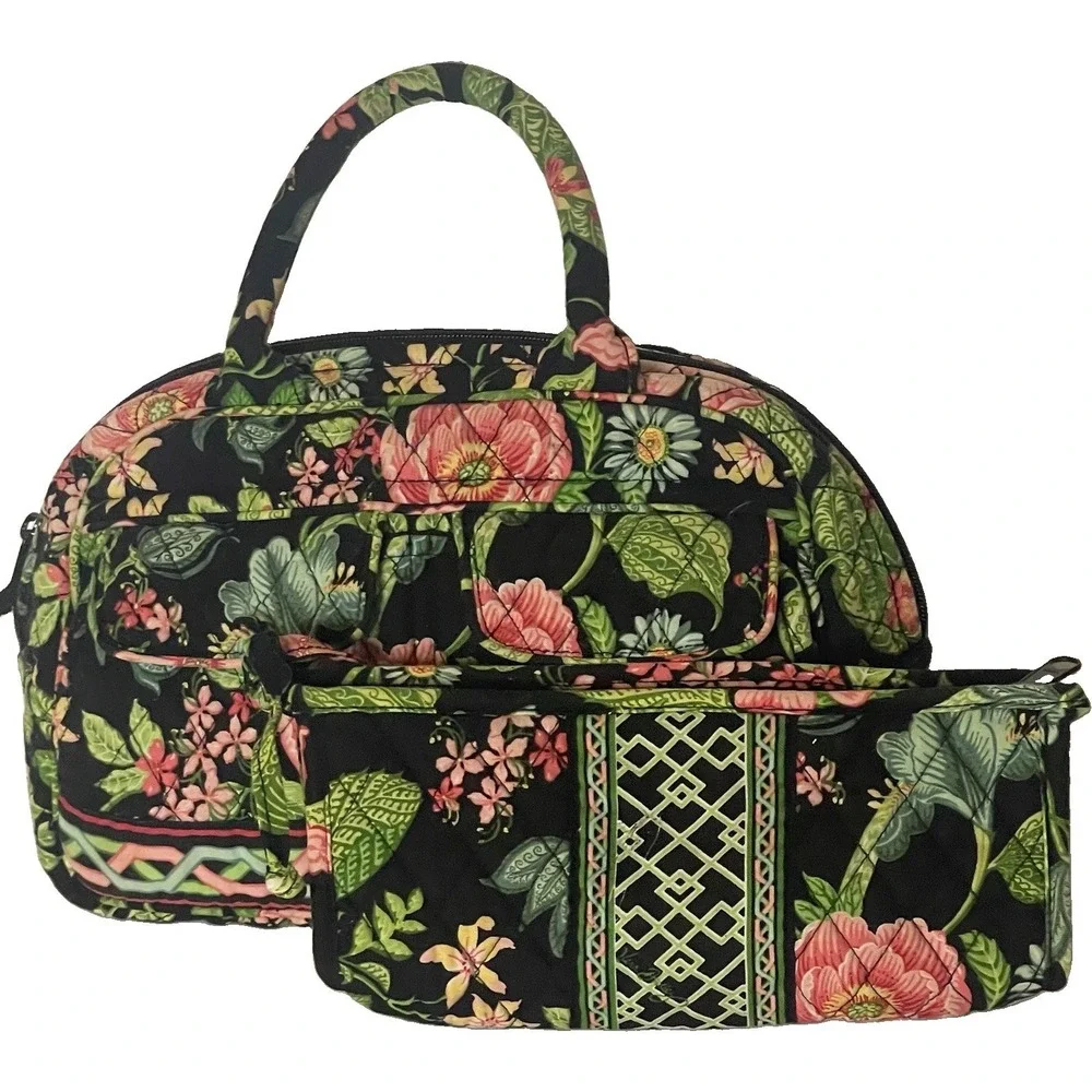 Vera Bradley Botanica Black Floral Handbag Purse + Matching‎ Cosmetic Pouch